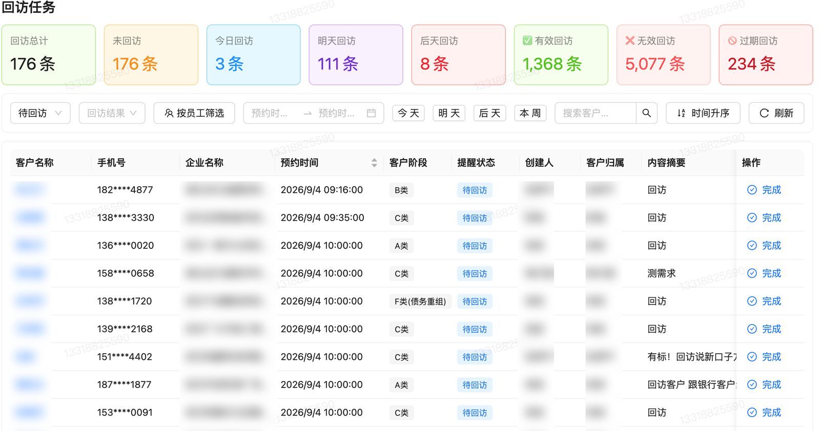 回访任务：自动提醒并通过企业微信推送